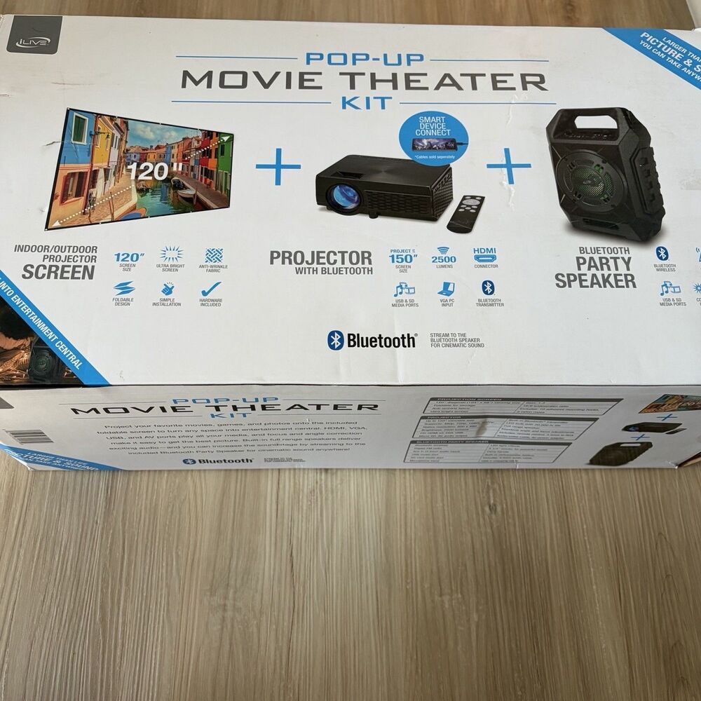 iLive Pop-Up Movie Theater Kit w/ 120" Screen, Projector & Wireless Speaker NEW